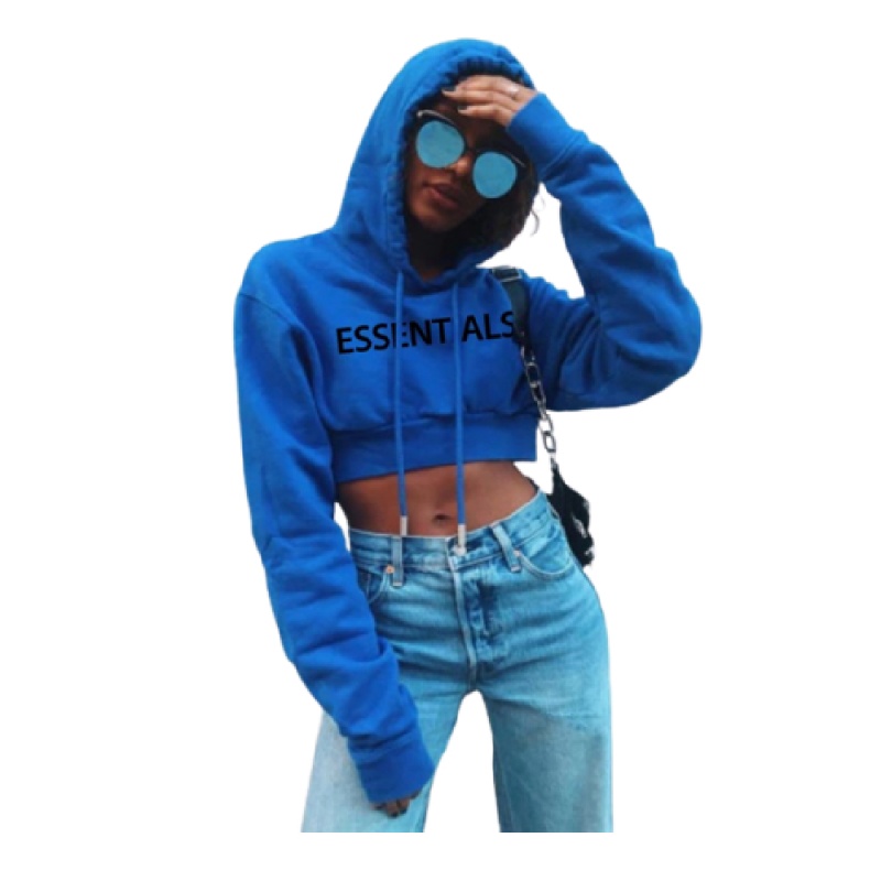 Essentials Oversized Cropped Donna Felpa con Cappuccio Blu | ESS-SN593388